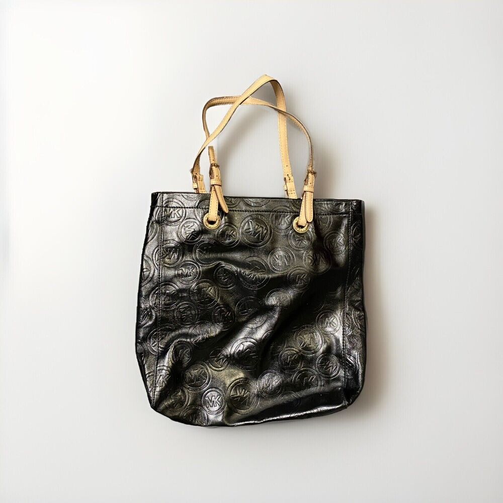 Michael Kors Jet Set Logo Tote Black Shiny Patent Leather Shoulder Bag Purse EUC